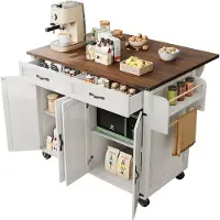 Merax Keukenwagen met Uitklapbaar Werkblad – Keukeneiland op Wielen met 2 Deurkasten en 2 Lades - Trolley met Houtnerf - 140x45x93 cm - Beige