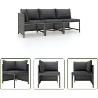 The Living Store Loungebank - Tuinlounge - 3-delige Loungeset met kussens poly rattan grijs - Outdoor Furniture - Tuinset - Ratan Meubilair