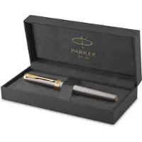 Parker Ingenuity-vulpen | grijze lak met gouden details | medium roestvrijstalen penpunt met gouden PVD-coating | Zwarte en blauwe inktnavullingen | geschenkverpakking