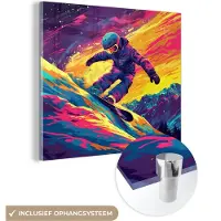 MuchoWow Glasschilderij 50x50 cm - Schilderij acrylglas - Snowboarden - Sneeuw - Kleurrijk - Foto op glas - Muurdecoratie woonkamer - Wanddecoratie slaapkamer - Schilderijen