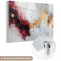 MuchoWow Glasschilderij 30x20 cm - Schilderij acrylglas - Rood - Abstract - Goud - Modern - Foto op glas - Muurdecoratie woonkamer - Wanddecoratie slaapkamer - Schilderijen