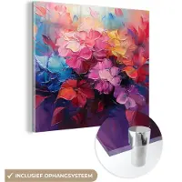 MuchoWow Glasschilderij 90x90 cm - Schilderij acrylglas - Bloemen - Verf - Abstract - Kleurrijk - Foto op glas - Muurdecoratie woonkamer - Wanddecoratie slaapkamer - Schilderijen