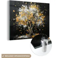 MuchoWow Glasschilderij 120x90 cm - Schilderij acrylglas - Boom - Zwart - Goud - Wit - Modern - Foto op glas - Muurdecoratie woonkamer - Wanddecoratie slaapkamer - Schilderijen