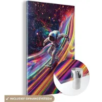 MuchoWow Glasschilderij 120x180 cm - Schilderij acrylglas - Astronaut - Ruimte - Skateboard - Kleurrijk - Foto op glas - Muurdecoratie woonkamer - Wanddecoratie slaapkamer - Schilderijen