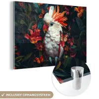 MuchoWow Glasschilderij 90x60 cm - Schilderij acrylglas - Kaketoe - Vlinders - Bloemen - Veren - Dieren - Foto op glas - Muurdecoratie woonkamer - Wanddecoratie slaapkamer - Schilderijen
