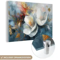 MuchoWow Glasschilderij 180x120 cm - Schilderij acrylglas - Bloemen - Wit - Goud - Kunst - Abstract - Foto op glas - Muurdecoratie woonkamer - Wanddecoratie slaapkamer - Schilderijen