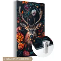 MuchoWow Glasschilderij 60x90 cm - Schilderij acrylglas - Hert - Dieren portret - Bloemen - Natuur - Hertenkop - Foto op glas - Muurdecoratie woonkamer - Wanddecoratie slaapkamer - Schilderijen