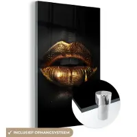 MuchoWow Glasschilderij 120x180 cm - Schilderij acrylglas - Lippen - Goud - Abstract - Zwart - Aesthetic - Foto op glas - Muurdecoratie woonkamer - Wanddecoratie slaapkamer - Schilderijen