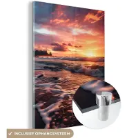MuchoWow Glasschilderij 30x40 cm - Schilderij acrylglas - Zonsondergang - Strand met Palmbomen - Zee - Foto op glas - Muurdecoratie woonkamer - Wanddecoratie slaapkamer - Schilderijen