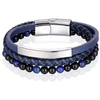Memphis Heren armband Tijgeroog kraal gevlochten leer Zilverkleurig Blauw - 19cm