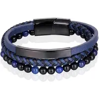 Memphis Heren armband Tijgeroog kraal gevlochten leer Zwart Blauw - 21cm