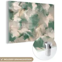 MuchoWow Glasschilderij 120x80 cm - Schilderij acrylglas - Kunst - Verf - Groen - Beige - Abstract - Foto op glas - Muurdecoratie woonkamer - Wanddecoratie slaapkamer - Schilderijen