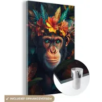 MuchoWow Glasschilderij 120x180 cm - Schilderij acrylglas - Chimpansee - Aap - Jungle - Bloemen - Dier - Foto op glas - Muurdecoratie woonkamer - Wanddecoratie slaapkamer - Schilderijen