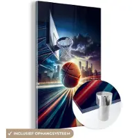 MuchoWow Glasschilderij 80x120 cm - Schilderij acrylglas - Basketbal - Sport - Basket - Stad - Foto op glas - Muurdecoratie woonkamer - Wanddecoratie slaapkamer - Schilderijen