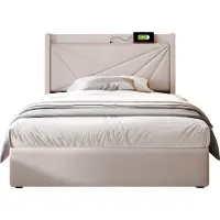 Merax Eenpersoonsbed 90x200cm met Opbergruimte en USB Type-C - Beige - Gestoffeerd Bed met Hydraulisch Lattenbodem