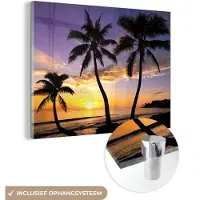 MuchoWow Glasschilderij 160x120 cm - Schilderij acrylglas - Strand - Zonsondergang - Palmbomen - Tropisch - Foto op glas - Muurdecoratie woonkamer - Wanddecoratie slaapkamer - Schilderijen