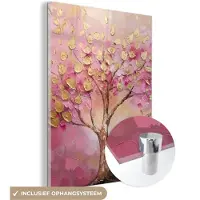 MuchoWow Glasschilderij 120x160 cm - Schilderij acrylglas - Boom - Roze - Goud - Modern - Foto op glas - Muurdecoratie woonkamer - Wanddecoratie slaapkamer - Schilderijen
