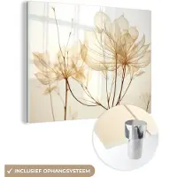 MuchoWow Glasschilderij 160x120 cm - Schilderij acrylglas - Droogbloemen - Beige - Planten - Wit - Foto op glas - Muurdecoratie woonkamer - Wanddecoratie slaapkamer - Schilderijen
