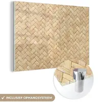 MuchoWow Glasschilderij 180x120 cm - Schilderij acrylglas - Patroon - Beige - Rotan print - Foto op glas - Muurdecoratie woonkamer - Wanddecoratie slaapkamer - Schilderijen