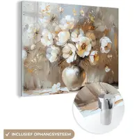 MuchoWow Glasschilderij 160x120 cm - Schilderij acrylglas - Vaas - Bloemen - Kunst - Goud - Foto op glas - Muurdecoratie woonkamer - Wanddecoratie slaapkamer - Schilderijen