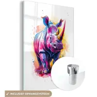 MuchoWow Glasschilderij 120x160 cm - Schilderij acrylglas - Neushoorn - Kleurrijk - Verf - Dieren - Foto op glas - Muurdecoratie woonkamer - Wanddecoratie slaapkamer - Schilderijen