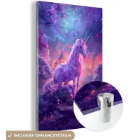 MuchoWow Glasschilderij 120x180 cm - Schilderij acrylglas - Eenhoorn - Fantasy - Kasteel - Meisje - Paars - Roze - Foto op glas - Muurdecoratie woonkamer - Wanddecoratie slaapkamer - Schilderijen