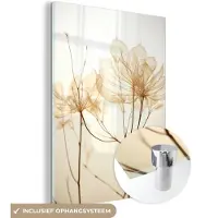MuchoWow Glasschilderij 120x160 cm - Schilderij acrylglas - Droogbloemen - Beige - Planten - Wit - Foto op glas - Muurdecoratie woonkamer - Wanddecoratie slaapkamer - Schilderijen