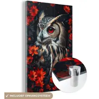 MuchoWow Glasschilderij 120x180 cm - Schilderij acrylglas - Uil - Bosdieren - Rode bloemen - Natuur - Foto op glas - Muurdecoratie woonkamer - Wanddecoratie slaapkamer - Schilderijen