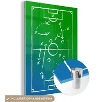 MuchoWow Glasschilderij 120x160 cm - Schilderij acrylglas - Voetbal - Tactiek - Spel - Groen - Blauw - Foto op glas - Muurdecoratie woonkamer - Wanddecoratie slaapkamer - Schilderijen