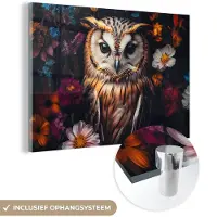 MuchoWow Glasschilderij 150x100 cm - Schilderij acrylglas - Uil - Bloemen - Kleurrijk - Natuur - Foto op glas - Muurdecoratie woonkamer - Wanddecoratie slaapkamer - Schilderijen