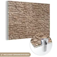 MuchoWow Glasschilderij 180x120 cm - Schilderij acrylglas - Steen - Bakstenen - Textuur - Beige - Foto op glas - Muurdecoratie woonkamer - Wanddecoratie slaapkamer - Schilderijen
