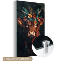 MuchoWow Glasschilderij 120x180 cm - Schilderij acrylglas - Schotse Hooglander - Bloemen - Bladeren - Foto op glas - Muurdecoratie woonkamer - Wanddecoratie slaapkamer - Schilderijen