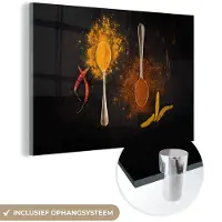 MuchoWow Glasschilderij 180x120 cm - Schilderij acrylglas - Stilleven - Lepels - Eten - Kruiden - Zwart - Foto op glas - Muurdecoratie woonkamer - Wanddecoratie slaapkamer - Schilderijen