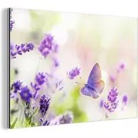 MuchoWow Aluminium schilderij 180x120 cm - Wanddecoratie metaal - Lavendel - Vlinder - Bloemen - Metalen muurdecoratie woonkamer - Decoratie industrieel - Foto op dibond - Industriële accessoires slaapkamer