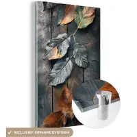MuchoWow Glasschilderij 120x180 cm - Schilderij acrylglas - Bladeren - Herfst - Grijs - Natuur - Foto op glas - Muurdecoratie woonkamer - Wanddecoratie slaapkamer - Schilderijen