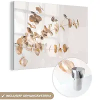 MuchoWow Glasschilderij 180x120 cm - Schilderij acrylglas - Eucalyptus - Goud - Bladeren - Luxe - Natuur - Foto op glas - Muurdecoratie woonkamer - Wanddecoratie slaapkamer - Schilderijen
