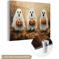 MuchoWow Glasschilderij 80x60 cm - Schilderij acrylglas - Halloween - Pompoen - Spook - Herfst - Foto op glas - Muurdecoratie woonkamer - Wanddecoratie slaapkamer - Schilderijen