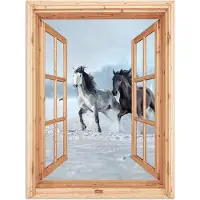PosterMonkey Poster 90x120 cm - Doorkijk - Paarden - Winter - Dieren - Natuur - Hout - Posters - Kamer decoratie - Wanddecoratie woonkamer - Muurdecoratie slaapkamer