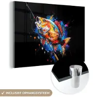 MuchoWow Glasschilderij 90x60 cm - Schilderij acrylglas - Graffiti - Sport - Vissen - Vis - Hengel - Foto op glas - Muurdecoratie woonkamer - Wanddecoratie slaapkamer - Schilderijen
