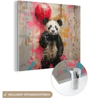 MuchoWow Glasschilderij 20x20 cm - Schilderij acrylglas - Graffiti - Panda - Ballon - Street art - Dier - Foto op glas - Muurdecoratie woonkamer - Wanddecoratie slaapkamer - Schilderijen