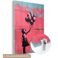 MuchoWow Glasschilderij 30x40 cm - Schilderij acrylglas - Graffiti - Meisje - Ballon - Roze - Blauw - Street art - Foto op glas - Muurdecoratie woonkamer - Wanddecoratie slaapkamer - Schilderijen