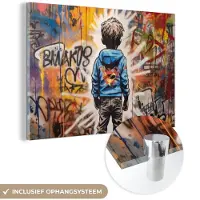 MuchoWow Glasschilderij 60x40 cm - Schilderij acrylglas - Graffiti - Jongen - Kleuren - Street Art - Foto op glas - Muurdecoratie woonkamer - Wanddecoratie slaapkamer - Schilderijen