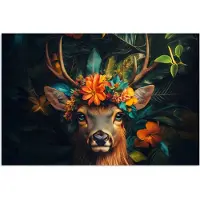 PosterMonkey Poster 120x80 cm - Hert - Bloemen - Natuur - Botanisch - Dier - Posters - Kamer decoratie - Wanddecoratie woonkamer - Muurdecoratie slaapkamer