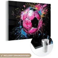 MuchoWow Glasschilderij 180x120 cm - Schilderij acrylglas - Graffiti - Sport - Voetbal - Bal - Roze - Foto op glas - Muurdecoratie woonkamer - Wanddecoratie slaapkamer - Schilderijen