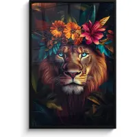 PosterMonkey Poster in lijst - Fotolijst 80x120 cm - Posters - Leeuw - Bloemen - Bladeren - Dieren - Kleurrijk - Posterlijst zwart - Decoratie - Wanddecoratie woonkamer - Muurdecoratie slaapkamer
