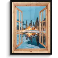 PosterMonkey Poster in lijst - Fotolijst 60x80 cm - Posters - Winterlandschap - Natuur - Huis - Bergen - Doorkijk - Raam - Posterlijst zwart - Decoratie - Wanddecoratie woonkamer - Muurdecoratie slaapkamer