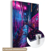 MuchoWow Glasschilderij 90x120 cm - Schilderij acrylglas - Stad - Neon - Nacht - Roze - Graffiti - Foto op glas - Muurdecoratie woonkamer - Wanddecoratie slaapkamer - Schilderijen