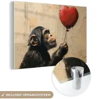 MuchoWow Glasschilderij 60x40 cm - Schilderij acrylglas - Street art - Chimpansee - Ballon - Graffiti - Banksy Style - Foto op glas - Muurdecoratie woonkamer - Wanddecoratie slaapkamer - Schilderijen