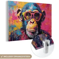 MuchoWow Glasschilderij 90x60 cm - Schilderij acrylglas - Graffiti - Chimpansee - Aap - Bril - Kleurrijk - Foto op glas - Muurdecoratie woonkamer - Wanddecoratie slaapkamer - Schilderijen
