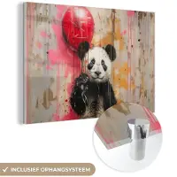 MuchoWow Glasschilderij 180x120 cm - Schilderij acrylglas - Graffiti - Panda - Ballon - Street art - Dier - Foto op glas - Muurdecoratie woonkamer - Wanddecoratie slaapkamer - Schilderijen